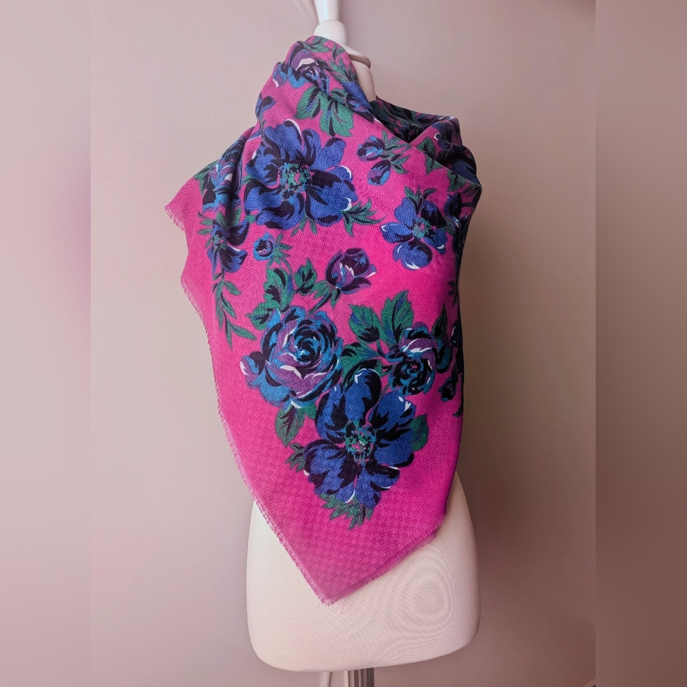 Dark Carnation Purple Pink Shawl Foulard With Blue Floral Print
